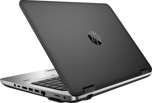    Rear angle view of an opened HP ProBook 640 G2, showing an HP logo in the center of outside of upper lid